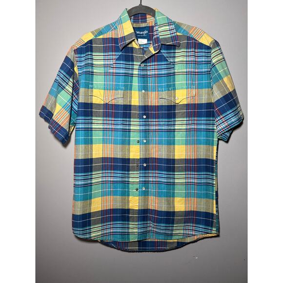 Wrangler Pearl Snap Med Mens Bright Color Short Sleeve Plaid Western Shirt - Picture 1 of 14